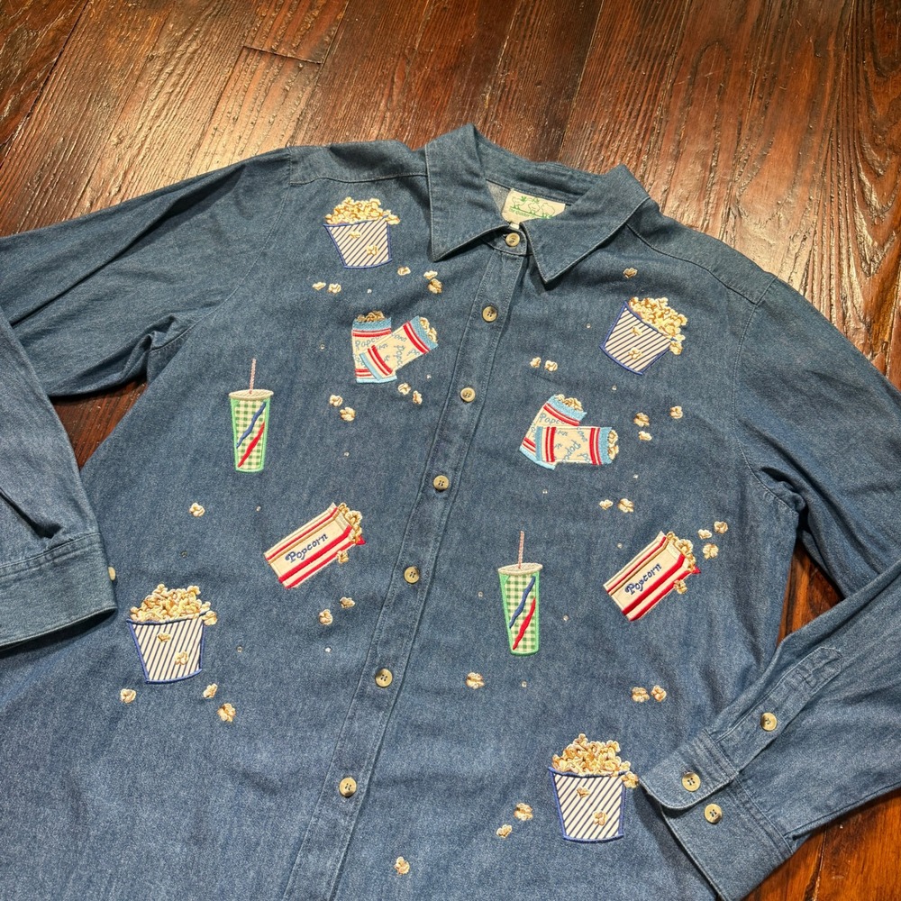 Quacker Factory Denim Shirt Womens L Blue Popcorn Soda Embroidery Rhinestone